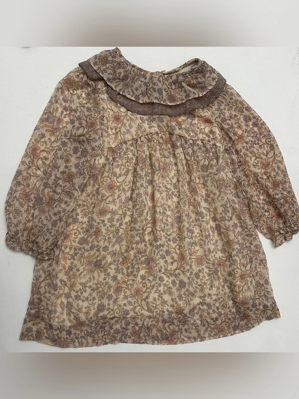 Zara girl’s floral smock dress brown ruffled collar, long sleeves. Size 3-4T.